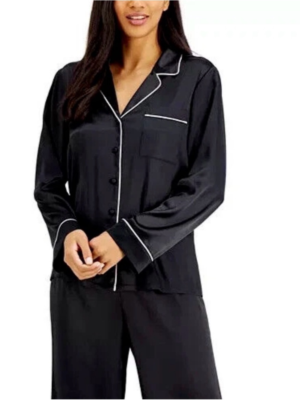 INC International Concepts Black Satin Pajama Set with White Piping